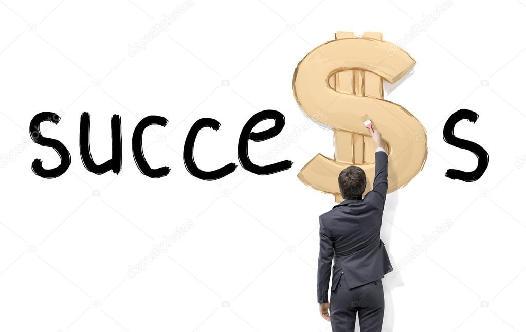 Young businessman painting a golden dollar sign with a roller in the word 'success' instead of the second 's' on the white wall.