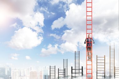 A young businessman in a suit climbing a ladder clipart