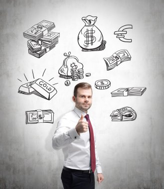 young man with arms crossed standing and looking in front, black pictures symbolizing money over his head.