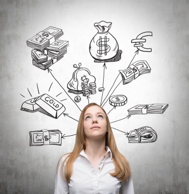 beautiful woman looking up and thinking about money, black pictures symbolizing money over her head.