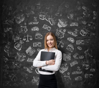 beautiful woman holding a folder and looking in front, white pictures symbolizing money around her.