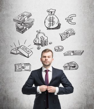 young man with a raised thumb standing and looking in front, white pictures symbolizing money over his head.