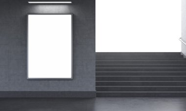Yeraltı, merdivenlerden kadar ışık gördünüz değil mi, bir dikey panoda. Gri duvarlar. Önden Görünüm. Yeraltı reklam kavramı.
