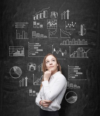 A young pretty businesswoman with hand to the chin looking up is standing in front of a blackboard with many different graphs drawn on it. Concept of presenting data in graphs.