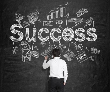 A young man drawing many different business icons and the word 'success' on the blackboard.