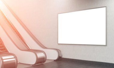 An escalator in the underground. A big horizontal blank poster over it. Side view. Filter. Concept of underground advertising. 3D rendering