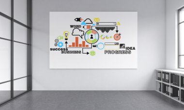 A meeting room, no furniture except floor shelves for folders, a coloured business scheme on the white wall, window to the right. Concept of negotiations. 3D rendering.
