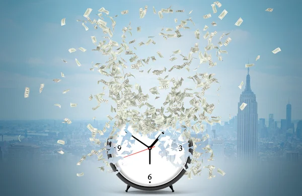 Dollar banknotes flying from the centre of a big alarm clock as if it consisted of money. New York at the background. Concept 'time is money'. 3D rendering — Zdjęcie stockowe
