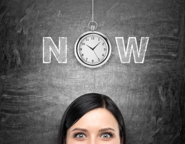 A young woman looking in front of her and tthinking about present opportunities and time. A pocket watch and the word 'now' over her head. — Stockfoto