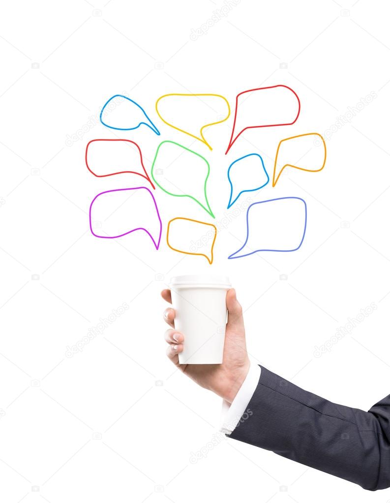 A hand in a black suit holding a paper cup. Coloured clouds for remarks painted over it. White background.
