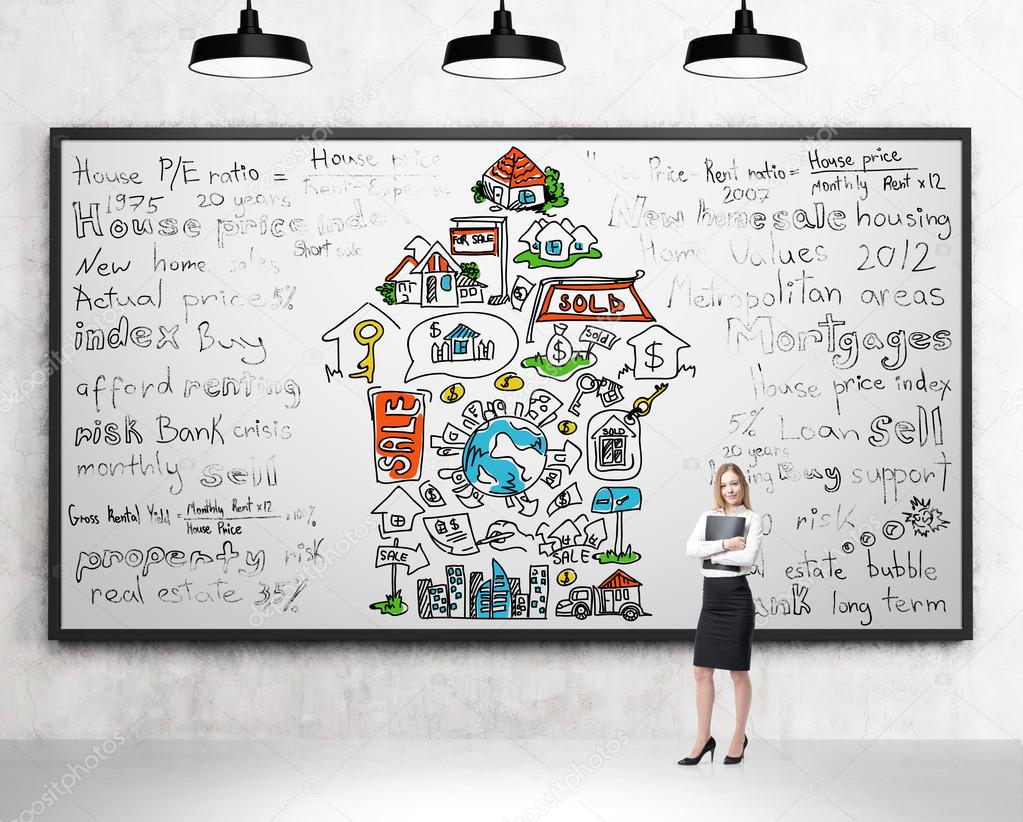 Woman with a folder standing in front of a poster with different words written and icons depicting opportunities provided by money arranged in an arrow.