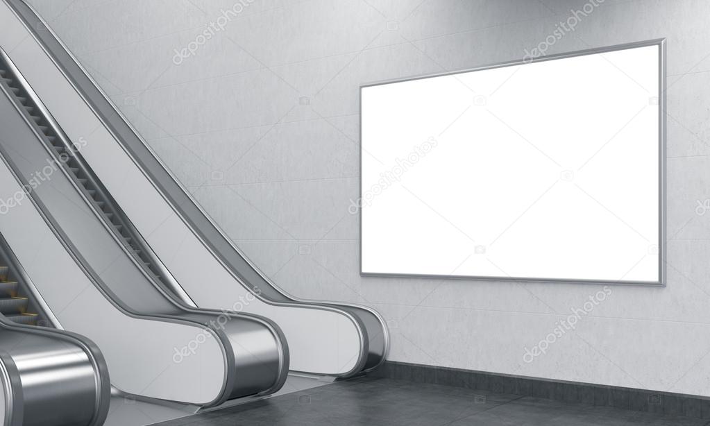 An escalator in the underground. A big horizontal blank poster over it. Side view. Concept of underground advertising. 3D rendering