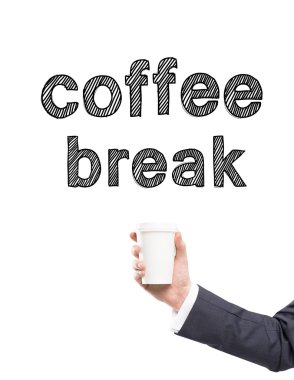 A hand in a suit holding a paper cup, words 'coffee break' written over it. White background.