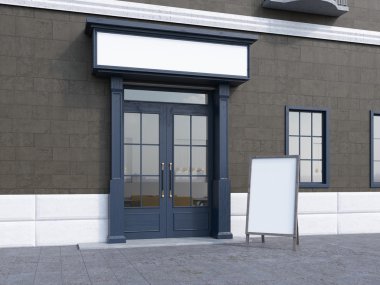 An entrance into a cafe with space for a name on it, a blank streetline next to it, two windows seen to the right.