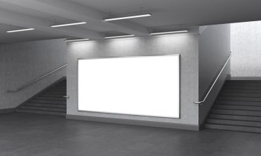 A big blank horizontal billboard in the underground, stairs up on both sides.