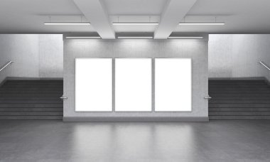 Three blank vertical billboard in the underground, stairs up on both sides.