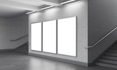 Three blank vertical billboard in the underground, stairs up on both sides.