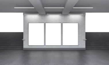 Three blank vertical billboard in the underground crossing, stairs up on both sides, white light seen from the street.