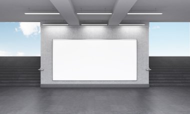 A big blank horizontal billboard in the underground, stairs up on both sides.