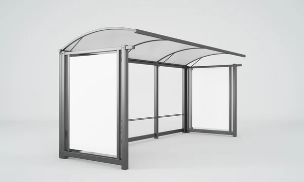 Un arrêt de bus en verre et métal avec un petit banc et un espace publicitaire . — Photo