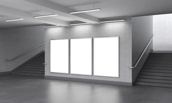 Three blank vertical billboard in the underground, stairs up on both sides. — Stok fotoğraf