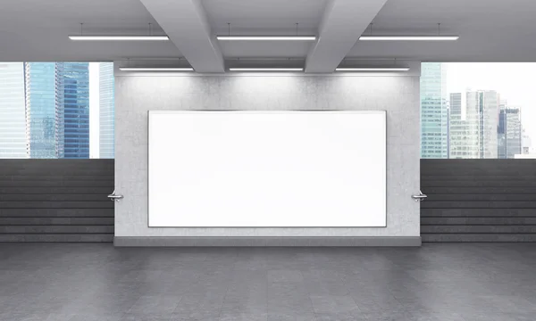 A big blank horizontal billboard in the underground, stairs up on both sides. — Stock Photo, Image