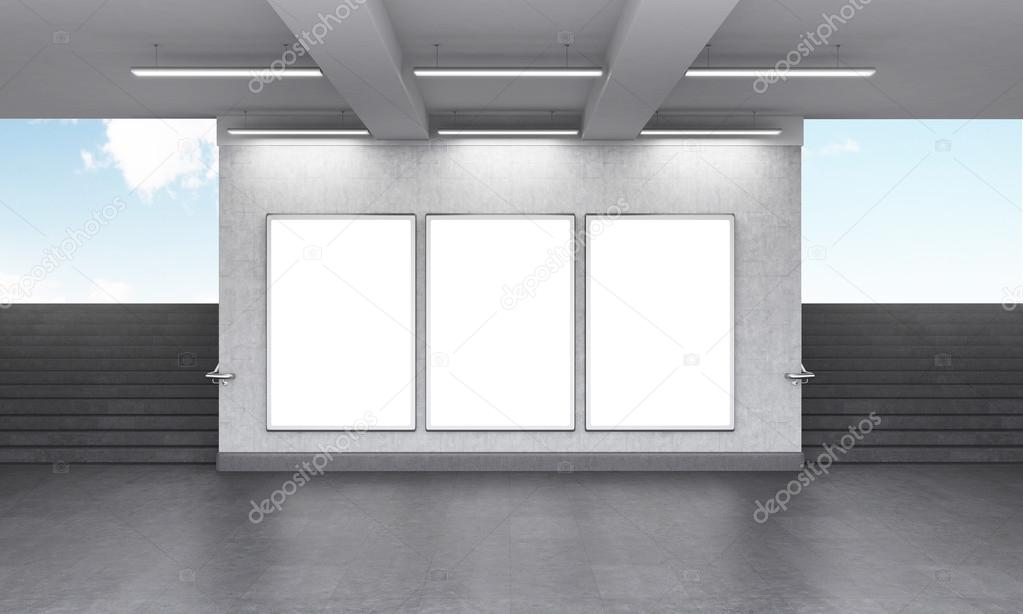 Three blank vertical billboard in the underground crossing, stairs up on both sides, blue sky seen from the street. Grey walls. Front view. Concept of underground advertising. 3D rendering