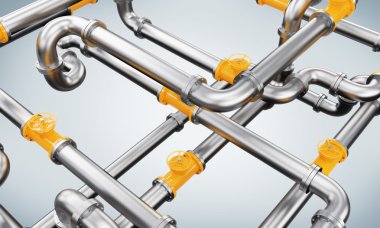 Sarı musluklu metal bir boru hattı. Açık mavi arka plan.