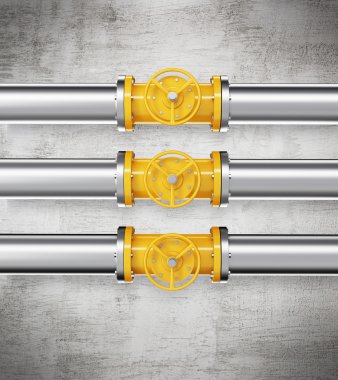 Three prallel horizontal metal pipes with yellow taps.