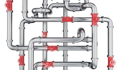 An element of a metal pipeline with red taps. isolated over white background.