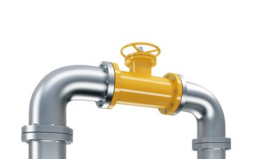 A yellow tap in a bent metal pipe. isolated over white background.