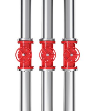 Three prallel vertical metal pipes with red taps. isolated over white background.