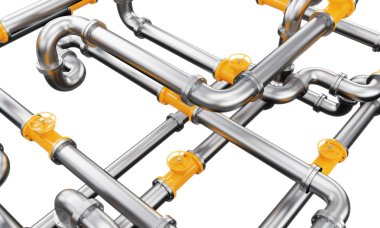 An element of a metal pipeline with yellow taps. isolated over white background. Concept of constructing a pipeline.