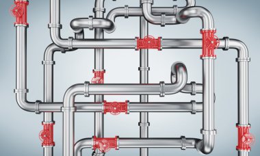 PipelineA metal pipeline with red taps. Light blue background. Concept of constructing a pipeline.