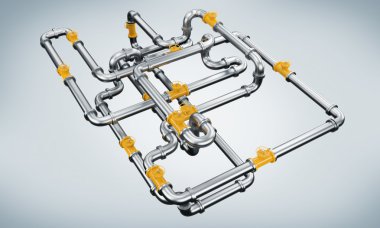 A model of a metal pipeline with yellow taps.