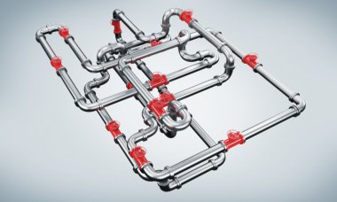 A model of a metal pipeline with red taps. Light blue background.