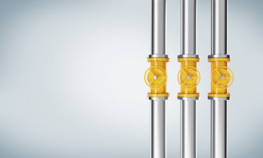 Sarı musluklu üç prallel dikey metal boru. Açık mavi arka plan.