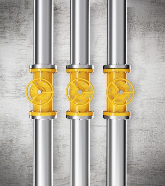 Three prallel vertical metal pipes with yellow taps.