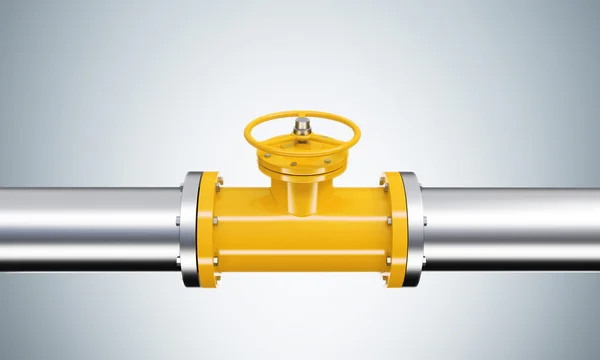 Ein gelber Wasserhahn in einem horizontalen Metallrohr. — Stockfoto