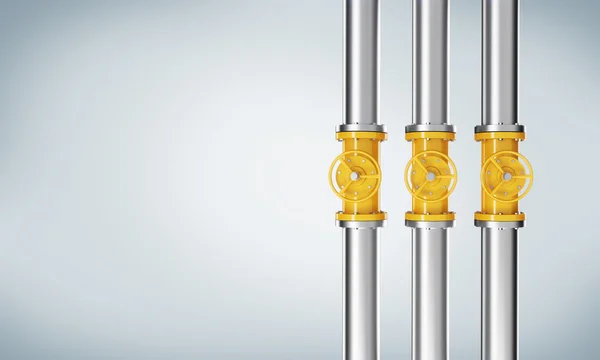 Три прелюдії вертикальних металевих труб з жовтими стрічками. Світло-синій фон . — стокове фото