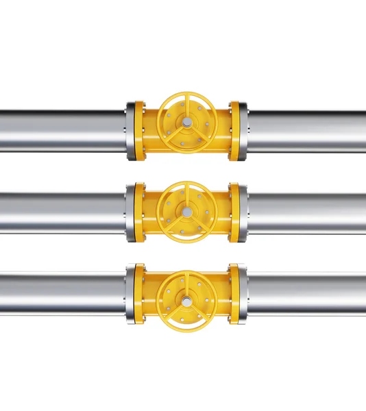 Three prallel horizontal metal pipes with yellow taps. Isolated over white background. — Stockfoto