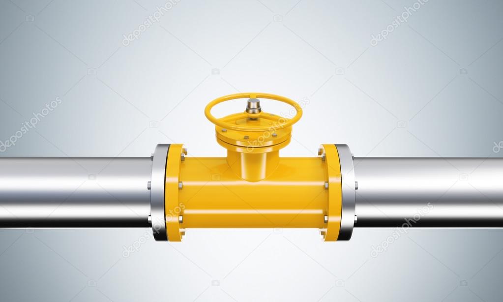 A yellow tap in a horizontal metal pipe.