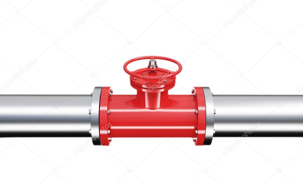 A red tap in a horizontal metal pipe. isolated over white background.