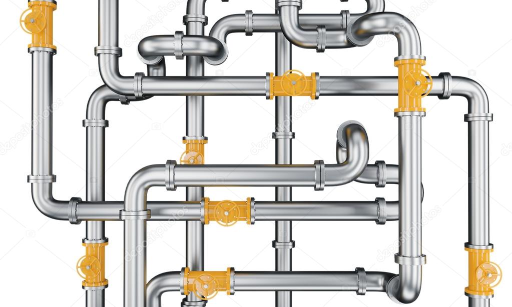 An element of a metal pipeline with yellow taps. isolated over white background.