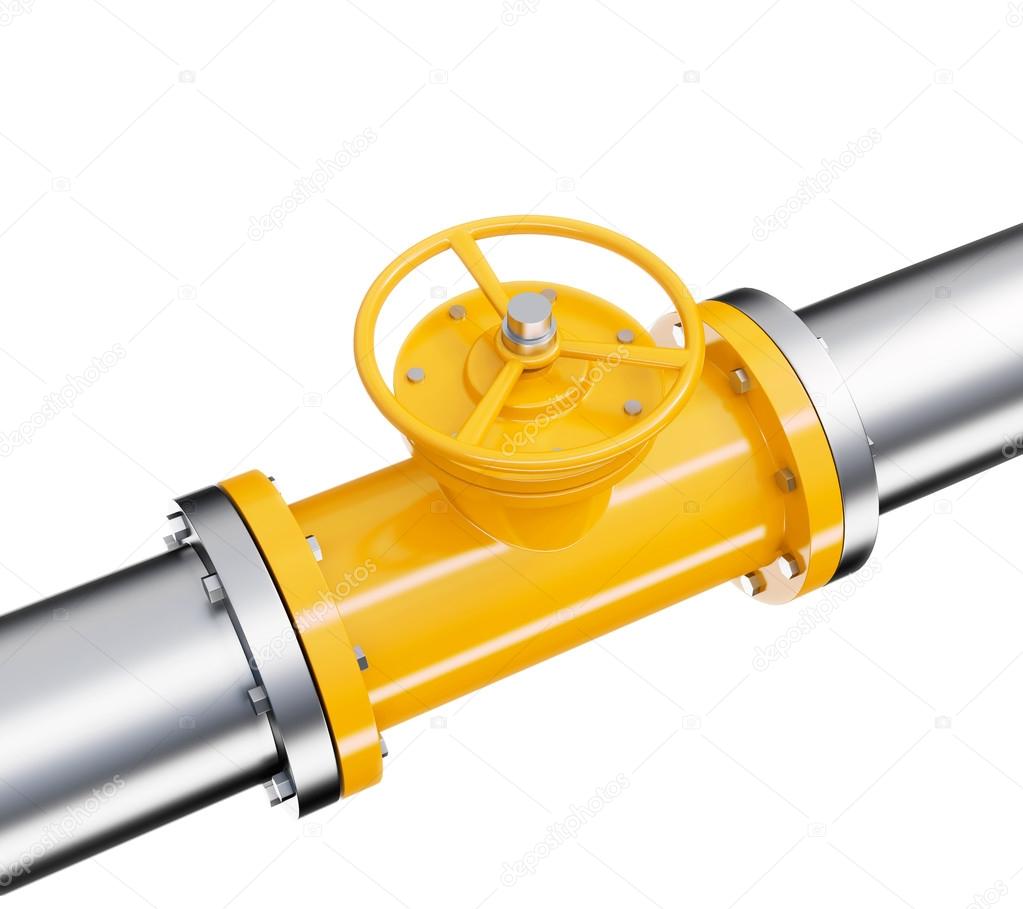 A yellow tap in a metal pipe. isolated over white background.