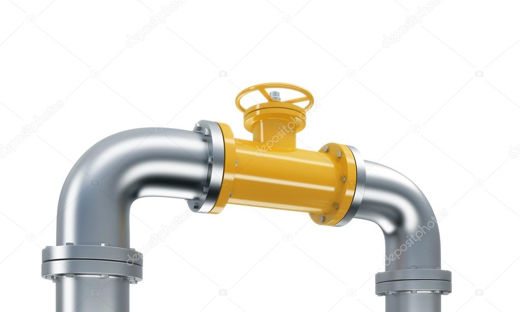 A yellow tap in a bent metal pipe. isolated over white background.