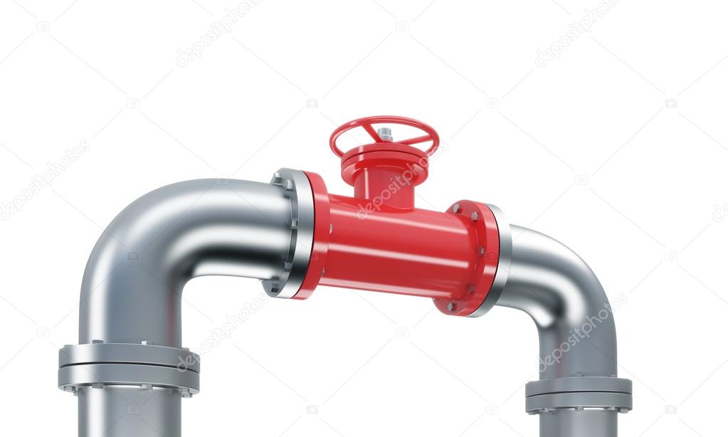 A red tap in a bent metal pipe. isolated over white background.