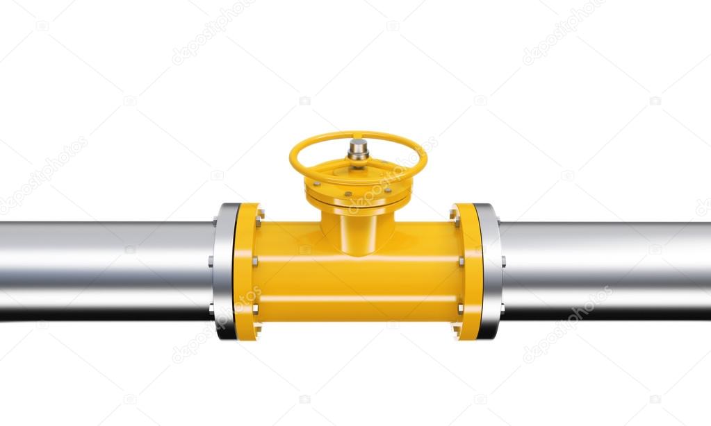 A yellow tap in a horizontal metal pipe. isolated over white background.
