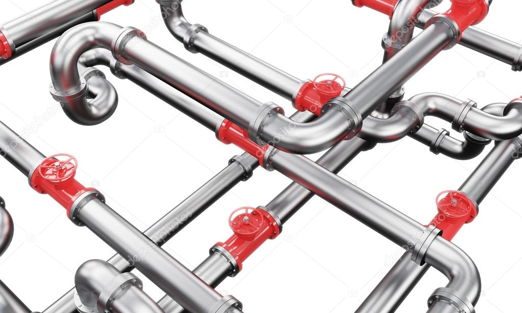 An element of a metal pipeline with red taps. isolated over white background.