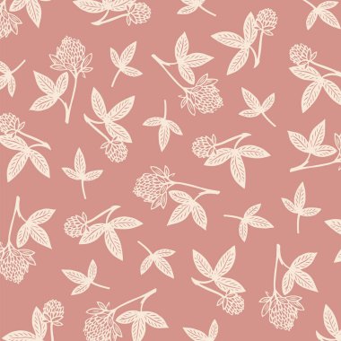 Pembe arka planda vektör yonca deseni. Beyaz yoncanın kare vektör deseni.